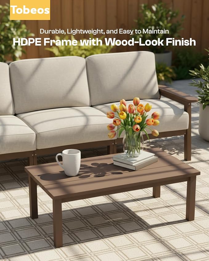 HDPE 6 Piece Patio Furniture Set, Outdoor Couch with Washable Thick Gray Cushions & Coffee Table & Side Table, Outdoor Sectional Furniture for Backyard, Deck, Lawn, Porch (White Frame)