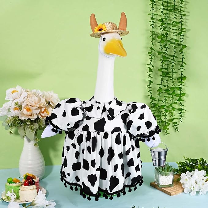 Honic Cow Porch Goose Outfits Funny Farmhouse Goose Costume with Dress Hat and Mini Milk Bucket for 23 Inch Cement or Plastic Goose for Spring Summer Outdoor Garden Yard Patio Lawn Decor