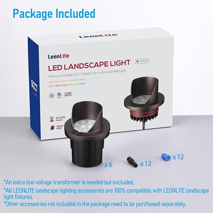 LEONLITE 6-Pack Dia.4 Inch 5CCT Well Lights Shielded Top Oil Rubbed Bronze | 12-24V AC/DC, CRI90, 1800K/2700K/3500K/4000K/5000K, Landscape LED In Ground Outdoor, Low Voltage Garden Landscaping, Aluminum