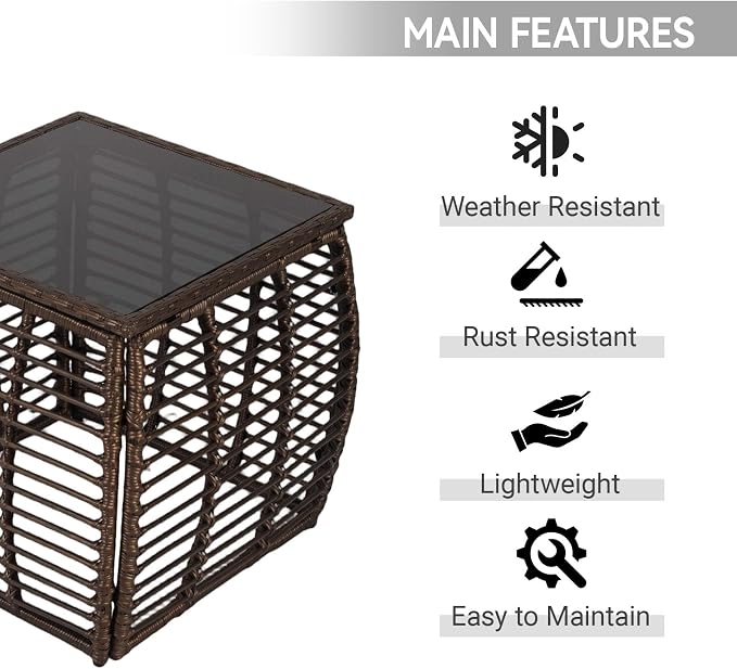 Kinfant Square Outdoor Wicker Side Table – Patio End Table with Tempered Glass Top, All-Weather Rattan Coffee Table for Balcony, Porch, Deck, Garden, Black Gold