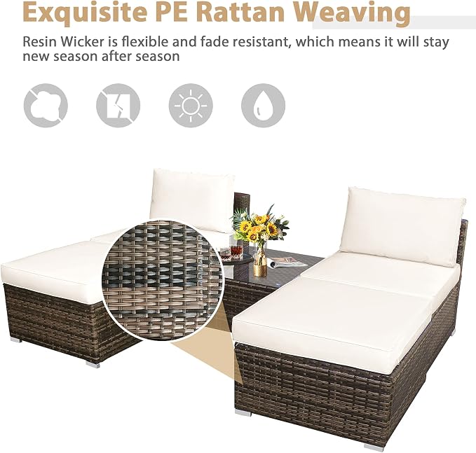 DORTALA Wicker Patio Furniture Set 5 Piece, Outdoor Conversation Sets with Chairs, Ottomans, Tempered Glass Table, Cushions, All Weather Rattan Sofa Couch for Balcony, Porch, Backyard, Deck, White