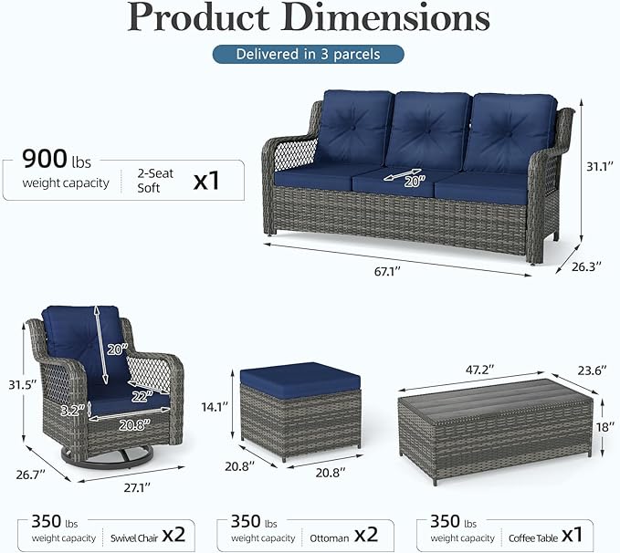 Outdoor Patio Furniture Set with Swivel Chairs and Ottoman, 6 Pieces All-Weather Wicker Patio Conversation Sets with Sofa and Coffee Table for Backyard, Porch, Balcony, Blue