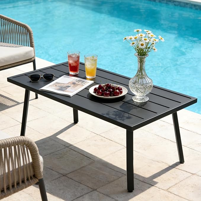 Patio Coffee Table, Rectangle Outdoor Coffee Table with Wood Grain Tabletop for Patio, Balcony and Garden, Black