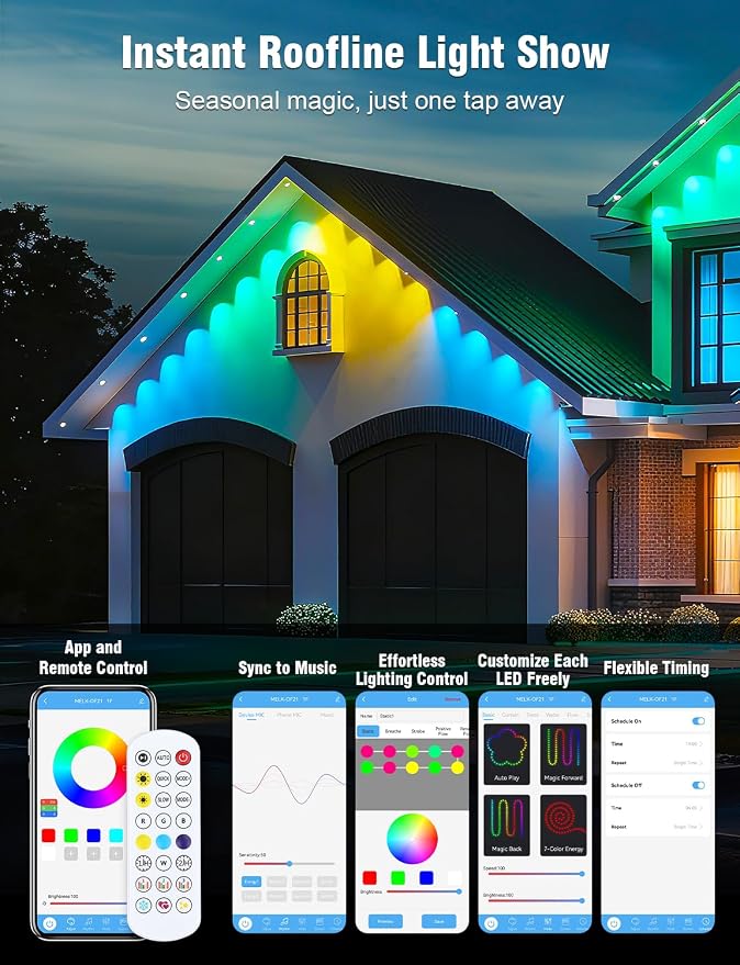 Permanent Outdoor Lights 250FT RGBIC LED Smart LED Lights, App/Remote Control IP68 Waterproof for Holiday Decor, 50 Scene Modes, DIY Lights Color Lighting Timing for Christmas Halloween Party
