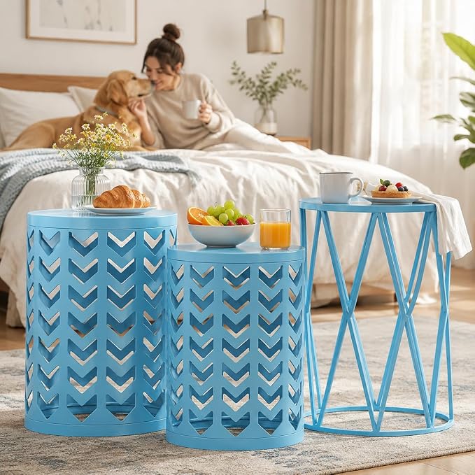 Nesting Side Table Set of 3 Decorative Round Garden Stools for Indoor Outdoor Heavy Duty Metal Frame Side Table Nightstands Modern End Table Plant Stand, Light Blue
