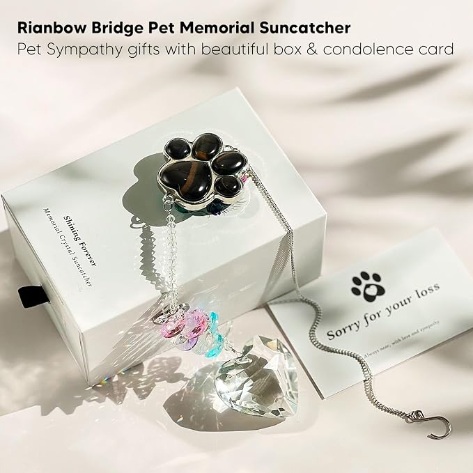 Dog Memorial Gifts, Pet Memorial Suncatcher, Loss of Dog Sympathy Gift | Thoughtful Dogs and Cats Bereavement Remembrance Gifts, Natural Cat's Eye Stone Paw Crystal Suncatcher