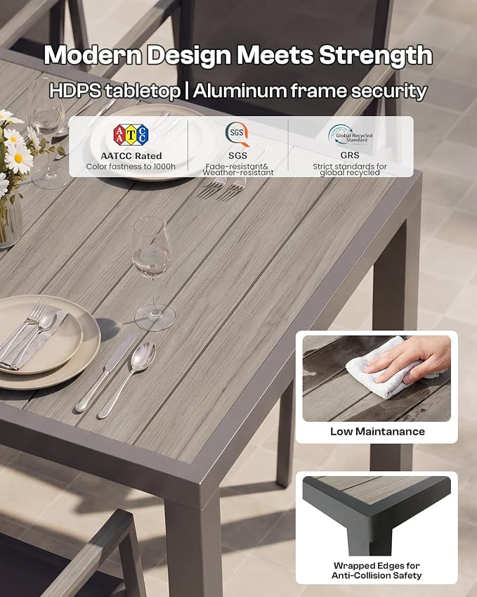 Outdoor Dining Set, 7 Piece Aluminum Patio Table and Chairs Set, All Weather Patio Dining Furniture Set with Umbrella Hole for Backyard, Deck, Poolside (Gray)