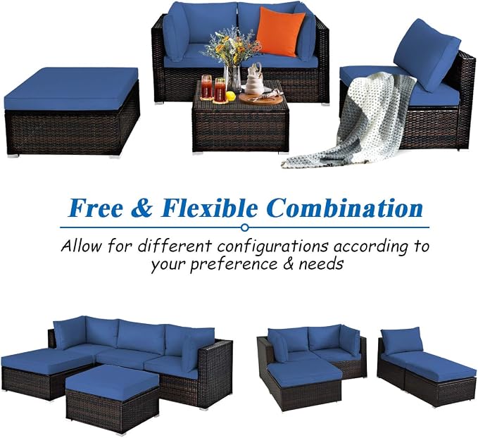 COSTWAY 5-Piece Outdoor Patio Furniture Set, PE Rattan Sectional Conversation Set with Cushions and 2 Ottomans for Garden, Deck, Backyard (Navy)