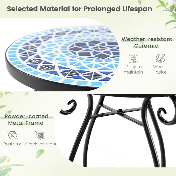 Giantex Outdoor Side Table, Mosaic Patio Table, 12inch Accent Table Plant Stand Indoor, Ceramic Tile Top Metal Frame, Small End Table Porch Beach Patio Garden Balcony Poolside