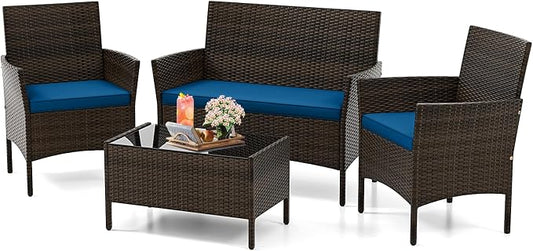 KOTEK 4 Piece Patio Furniture Set, Outdoor Rattan Conversation Set with Loveseat, Wicker Chairs, Tempered Glass Coffee Table, Wicker Patio Set for Backyard, Porch (Peacock Blue)