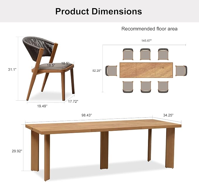 PURPLE LEAF 8-Piece Patio Dining Set Outdoor Furniture Rectangular Table and Chairs Set with Aluminum Frame and Teak-Finish for Garden Deck Backyard Kitchen Deep Teak Outdoor Set