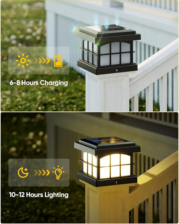 RGBCW Solar Post Cap Lights 2-Pack, 9 Colors 3 Modes Fence Cap Lights, Bright Solar Outdoor Waterproof LED Deck Lighting for Fence Garden Deck Patio Porch Decor 4x4 Vinyl/Wood, Black