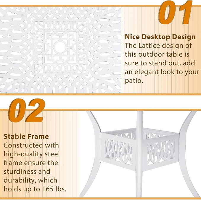 Outdoor Cast Aluminum Patio Table, 35.4” Square Bistro Table with 2.2’’ Umbrella Hole for Patio Furniture Garden Deck Backyard, White