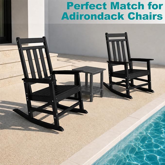 Outdoor Side Table with Storage Shelf, 2-Tier Patio Side Table, HDPE All Weather Outdoor End Tables for Adirondack Chair, Small Patio End Table for Deck Backyard Porch Lawn Poolside, Grey