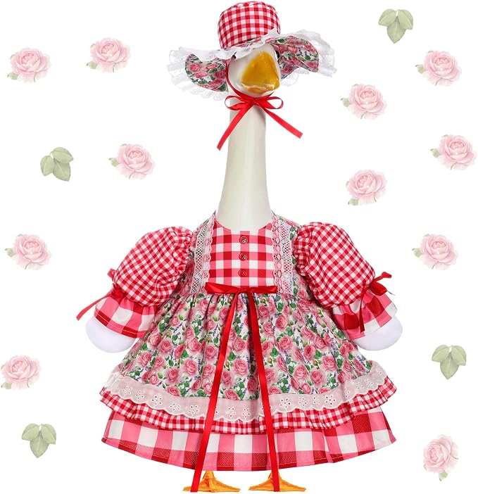 Spring Flower Goose Outfit Daisy Rose Floral Dress for 23'' Cement Plastic Goose Statue for Valentines Day Summer Outdoor Garden Yard Patio Lawn Decor(Red Rose)