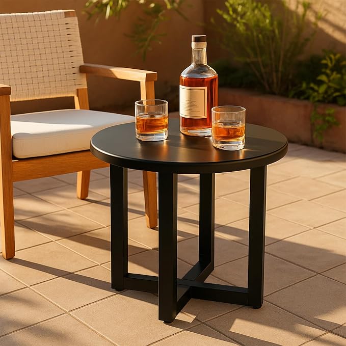 Metal Outdoor Round Table, 2-Tier Sturdy Patio End Table Weather Resistant, Round End Table for Patio, Pool, Porch (Black)