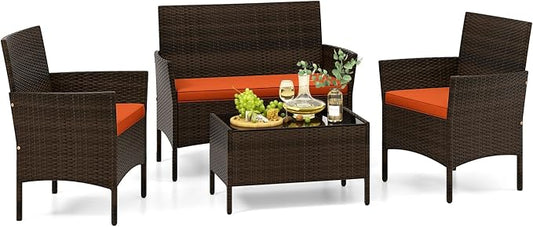 Tangkula 4 Piece Patio Rattan Conversation Set, Outdoor Wicker Furniture Set with Chair, Loveseat & Tempered Glass Table, Cozy Seat Cushions, Outside Sectional Sofa Set for Backyard (1, Orange)