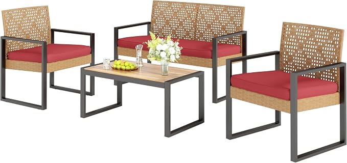 Sophia & William 4 Pieces Patio Conversation Set, Wicker Outdoor Furniture Set for 4, All Weather Outdoor Seating Set, Rattan Loveseat & Chairs with Cushions & Coffee Table, Yellow and Red