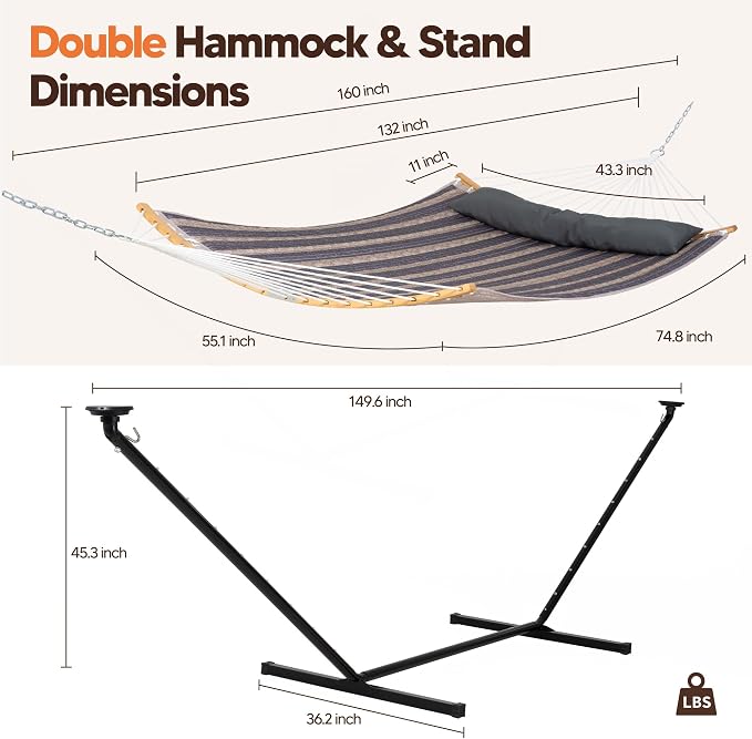 SUNCREAT Double Outdoor Hammock with 12 ft Stand, Stand Alone Hammock with Solar Powered Lights, Gray Stripes