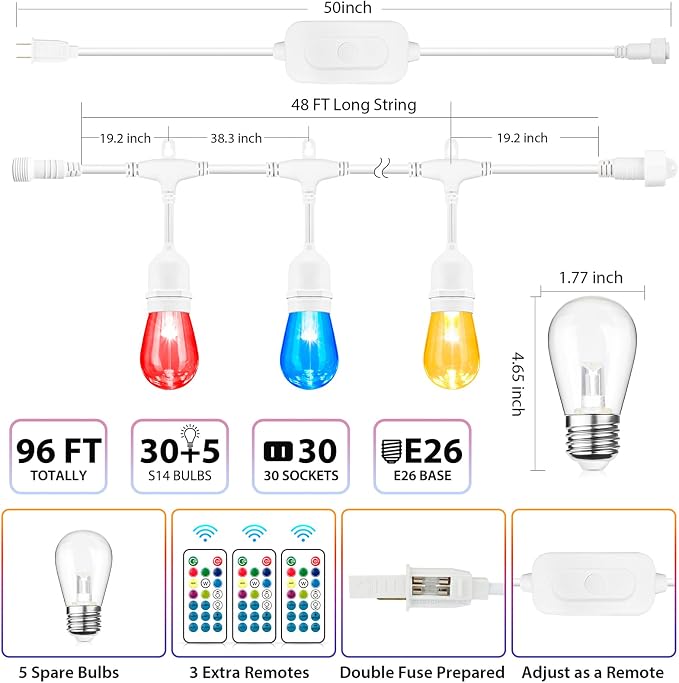 Multicolor 96FT(2x48FT) LED Patio String Lights with Remote, White | Plug in, 8 Lighting Modes, 30+5 S14 RGB Edison Bulbs, Dimmable, Shatterproof, Waterproof, Connectable, for Engagement Wedding