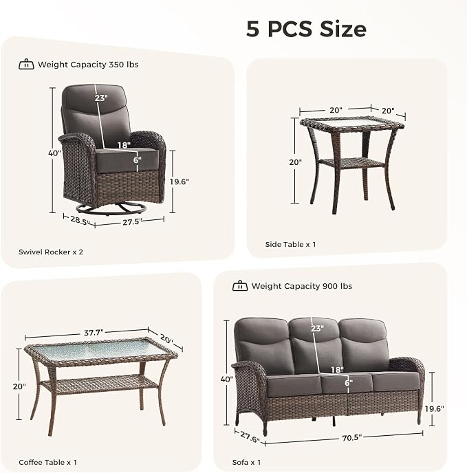 Luxury Patio Furniture Set with 6-inch Thick Cushions, Outdoor Furniture Set with High Back Swivel Chairs, 5 PCS Wicker Outdoor Conversation Set for Porch, Patio, Yard, Deck, Poolside, Brown/Grey