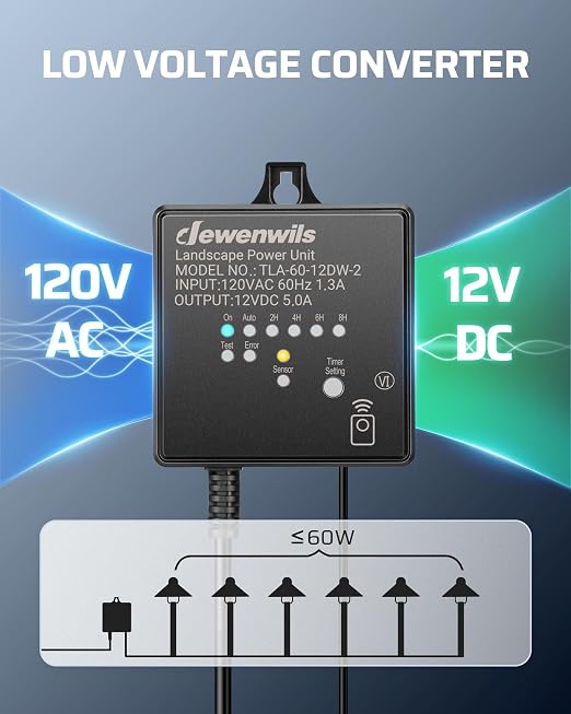 DEWENWILS 60W Low Voltage Transformer with Remote, Dusk to Dawn, Timer | 120V AC to 12V DC, Outdoor Low Voltage Transformer for Spotlight, Garden Light, Pathway Light
