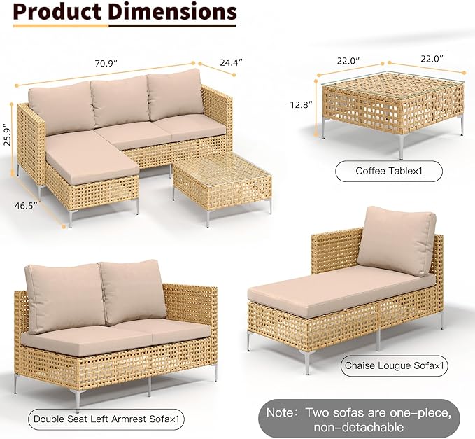 Small Outdoor Wicker Patio Furniture Set L-Shaped - Weather Resistant Wicker Sectional Chaise Sofa with Thick Cushions & Tempered Glass Coffee Table for Small Spaces, Balcony, Apartment