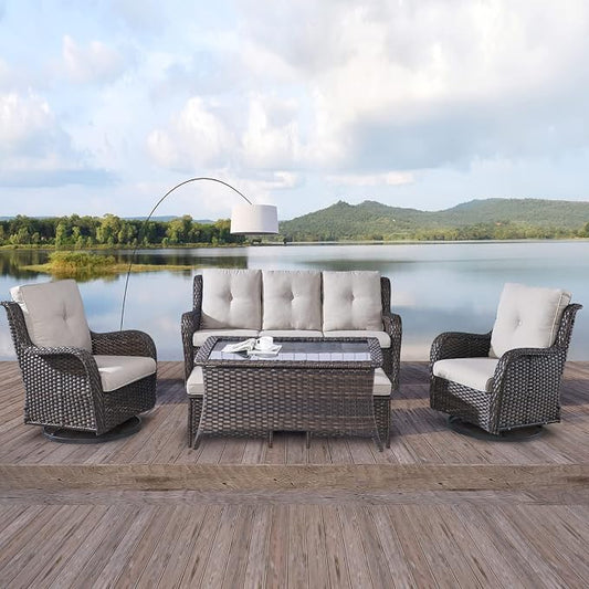 Rilyson 6 Piece Outdoor Patio Furniture Set - Rattan Wicker Patio Conversation Sets with 2 Swivel Rocker Chairs,2 Ottomans,1 Sofa and 1 Coffee Table for Outside Porch Deck Backyard(Brown/Beige)