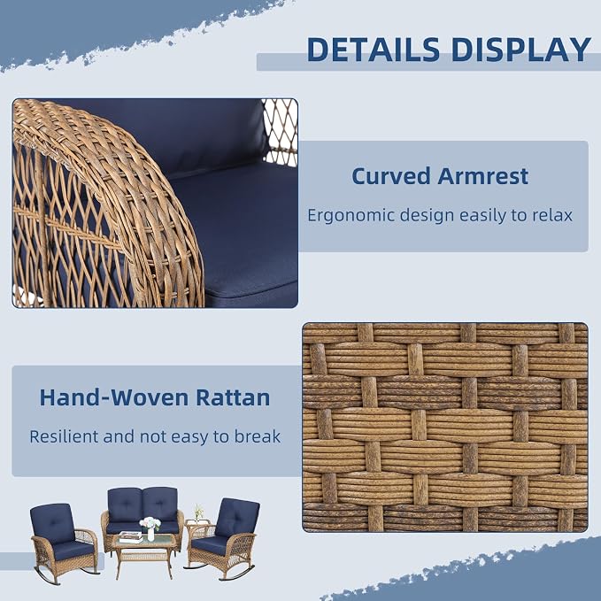 5-Piece Wicker Patio Furniture Sets Outdoor All-Weather Rattan Conversation Set Includes Glider Loveseat, 2 Glass-Top Coffee Tables, 2 Rocking Chairs for Porch Backyard, Navy Blue