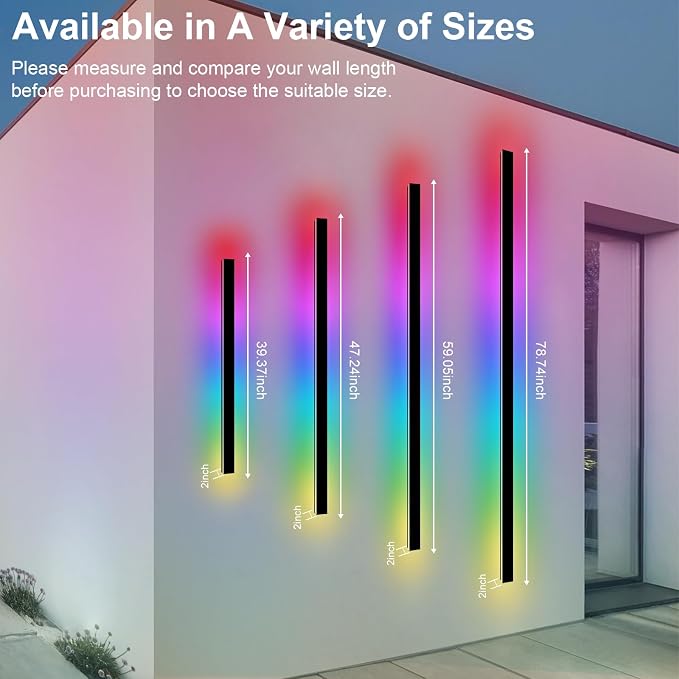 RGB Outdoor Wall Lights, Ip65 Waterproof Linear Led Modern Wall Sconce, 7 Colors and 358 Light Effects, Dimmable with Remote Modern Linear Exterior Light Fixture 59 inch (1 Pack)