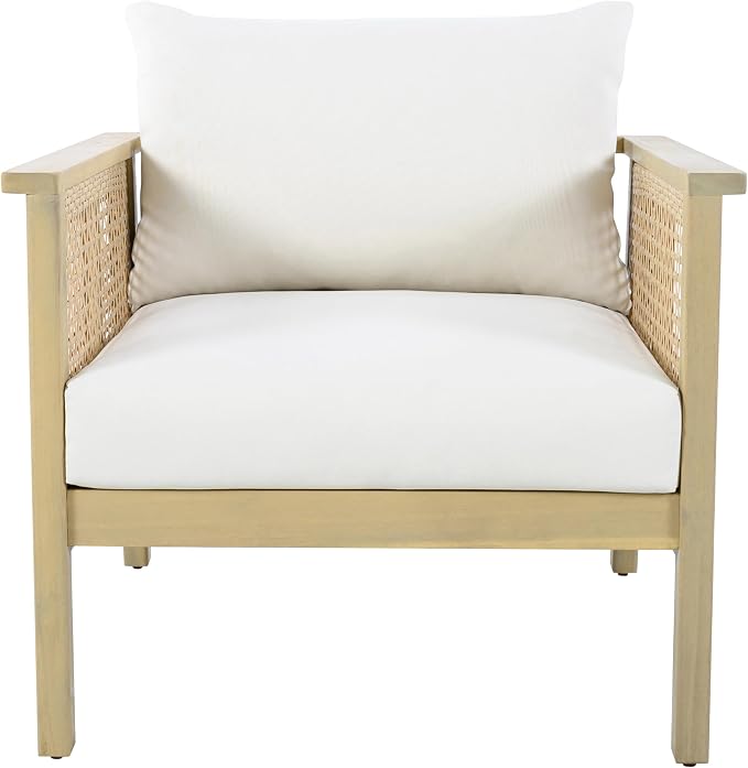 Merax Outdoor Acacia Wood Single Chair PE Wicker Club Chair Dining Chair with Waterproof Detachable Cushion, Light Teak Finish & Cream Cushion