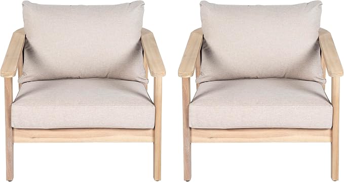 Merax 2 Piece Outdoor Acacia Wood and Wicker Club Chair, Light White Finish with Beige Cushion, Patio Garden Armchair
