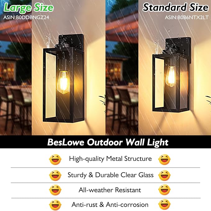 BesLowe 15” Large Outdoor Wall Light Fixture, Exterior Porch Sconce, Black | Waterproof, Rust-Resistant, Durable Metal with Clear Glass, Standard E26 Socket, Easy to Install