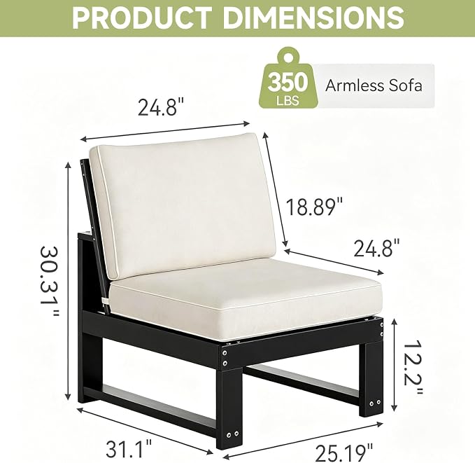 2-Piece Patio Furniture Set,Outdoor HDPE Sectional Sofa with Cushions,Outdoor Sectional Furniture Set for Porch,Backyard,Deck,Black