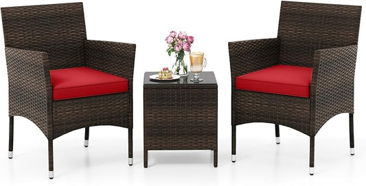 RELAX4LIFE 3-Piece Patio Furniture Set - Rattan Wicker Outdoor Conversation Set w/Cushions & Glass Coffee Table, Balcony Furniture for Porch Garden Backyard, Bistro Table and Chairs Set of 2 (Red)