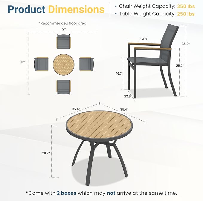 5-Pieces Aluminum Patio Table and Chairs for All-Weather, Patio Table Set with Heavy Duty HDPS Round Table, Outdoor Patio Dining Furniture Set with Breathable Quick-Drying Textilene Chairs