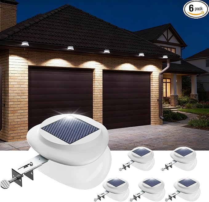 JSOT Outdoor Gutter Light, Bright Solar Fence Lights, Waterproof Lighting for Patio Eaves Pathway Garden Garage Stairs Wall 2 Installations Methods - Cool White, 6 Pack-White lampshade