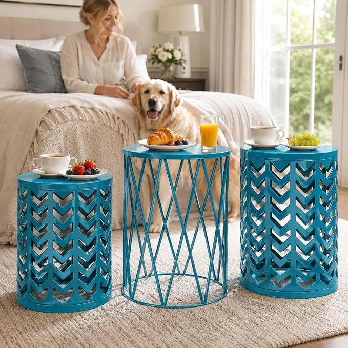 Y&M Nesting Side Table, Set of 3 Stacking Coffee Table for Living Room, Indoor End Tables, Outdoor Decorative Garden Stool with Heavy Duty Metal Frame Modern Industrial Decor - Blue