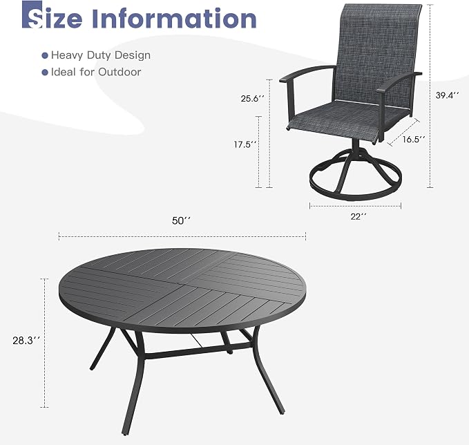 VICLLAX Outdoor Table and Chairs Set for 6, Patio Dining Set of 50" Metal Round Patio Table with Umbrella Hole & 6 Swivel Outdoor Dining Chairs for Backyard Lawn, Charcoal & Black