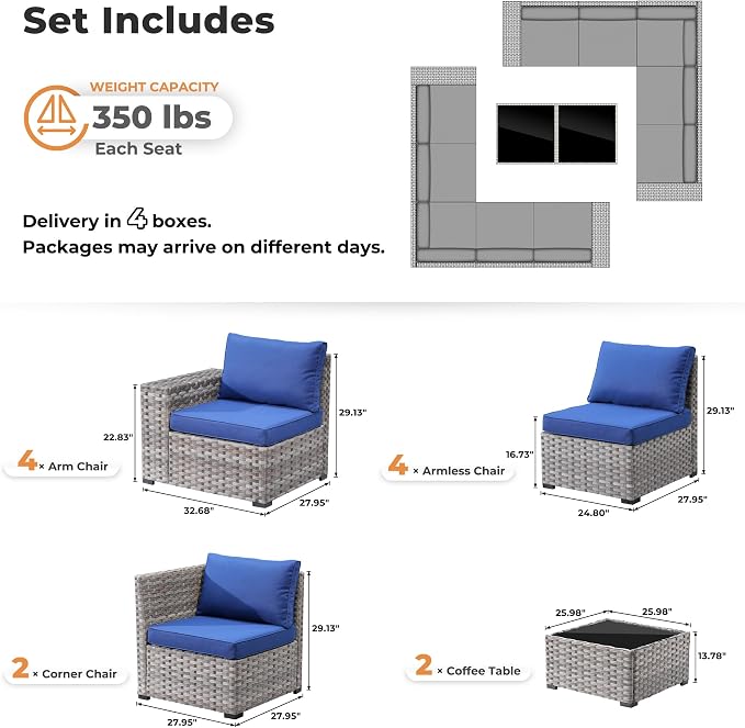 ovios 12 Pieces Patio Furniture Set, Outdoor Wicker Sectional Sofa with Coffee Table Comfy Cushions, Modern Modular Deep Seat Couch Rattan Conversation Set, Navy Blue