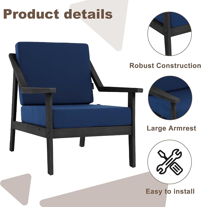 Outdoor Patio Furniture Set, 2 Piece Outdoor Patio Sofa Armchairs with Washable Thick Cushions, All-Weather Solid Wood Patio Bistro Set for Porch, Balcony, Black Frame & Navy Cushion