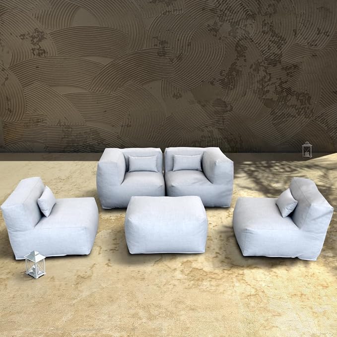 ANNYH Modern Calaluna 5Pc Patio Garden Furniture Sectional Conversation Set Combines 2Middle 2Corner 1Ottoman/CoffeeTable -Exp Foam Filling Chairs - UNIQUE Modular Contemporary Sofa (Cloud Gray)