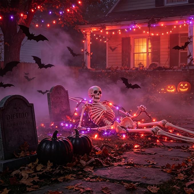 LJLNION 3 Sets Halloween Lights, 29ft 150 Count Black Wire Fairy Mini Lights, 120V UL Certified Incandescent Light String, Connectable for Garden Patio Holiday Party Outdoor Decor, Orange & Purple