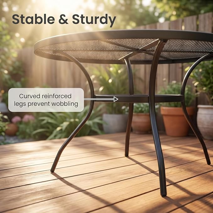 7 Piece Outdoor Dining Set, Patio Dining Table Set for 6, 47" Mesh Round Table with 6 Black Metal Mesh Outdoor Dining Chairs with Armrest for Lawn, Garden, or Porch