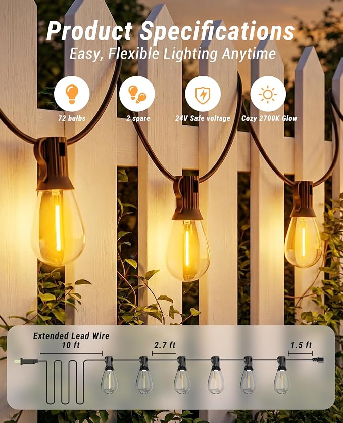 Tenmiro 200FT LED Outdoor String Lights with Remote, 72+2 Shatterproof Bulbs Dimmable Timing 3 Light Modes Outside Patio Lights for Backyard Porch Deck Garden Balcony Pool party Hanging Lighting Decor