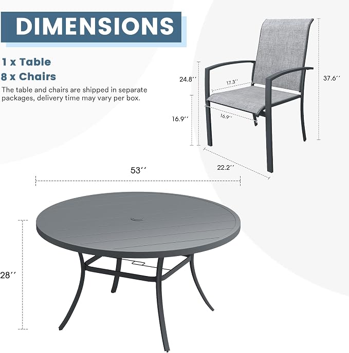 DIFY 9 Pieces Outdoor Dining Set for 8, 53" Round Dining Table with Umbrella Hole and Textilene Stackable Patio Chairs, Metal Patio Table and Chairs Set for Garden Backyard Poolside, Grey