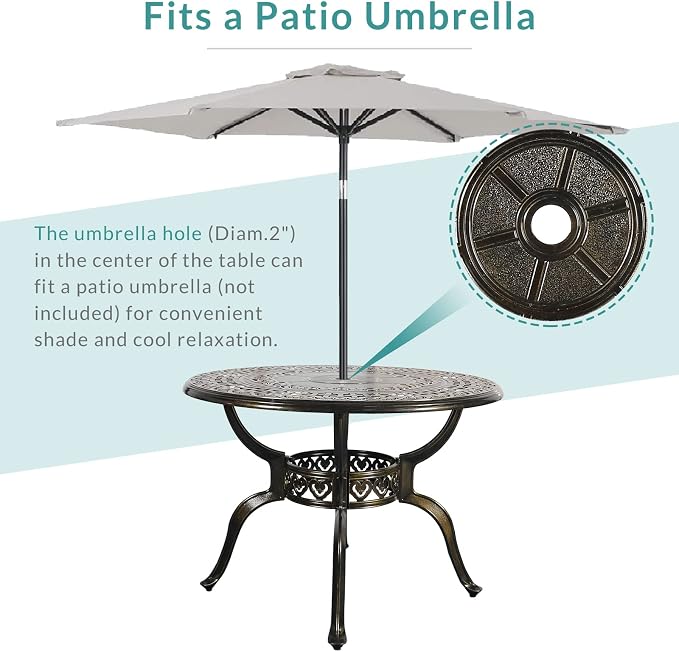 MEETWARM 38.5" Round Patio Dinning Table, Outdoor Cast Aluminum Dinning Table with 2" Umbrella Hole, Dark Bronze