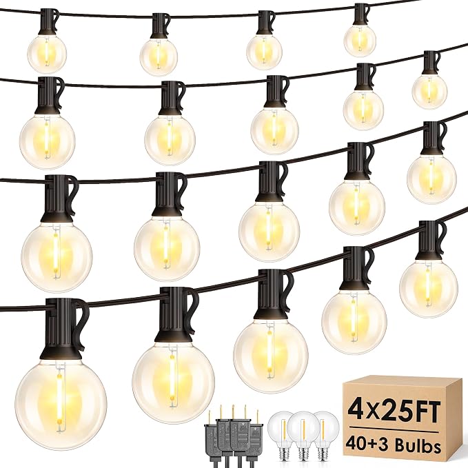 4 Pack 25FT G40 LED Outdoor String Lights with 10+1 Bulbs, Black | Waterproof, Shatterproof, Dimmable, Connectable, Energy-saving, Patio Lights Porch Balcony Backyard Party Classroom Decor