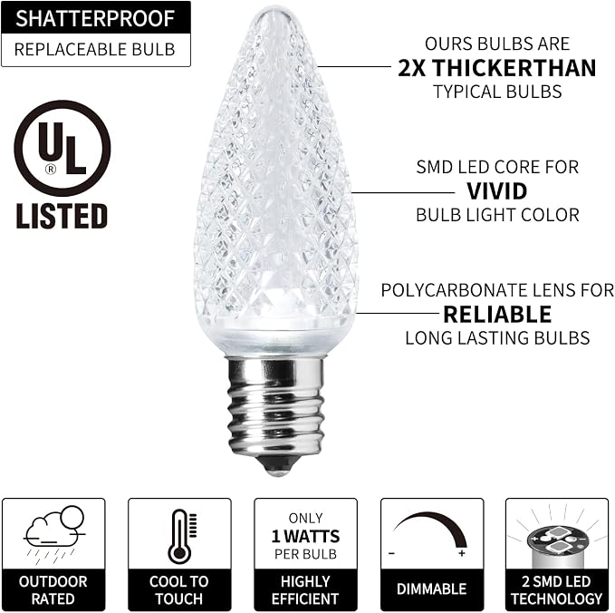 C9 Christmas String Lights Outdoor 50 Feet Led Christmas Lights, 50+2(Spare) Strawberry Bulbs Connectable UL Certified for Indoor Outdoor Roofline Patio Holiday Party Backyard Xmas Decor Pure White