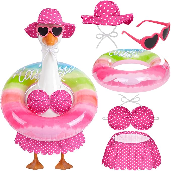 hoyuwak Bikini Goose Outfits Summer Hawaiian Porch Goose Outfits with Swimming Ring Sunglasses Hat for 23" Geese Yard Decor